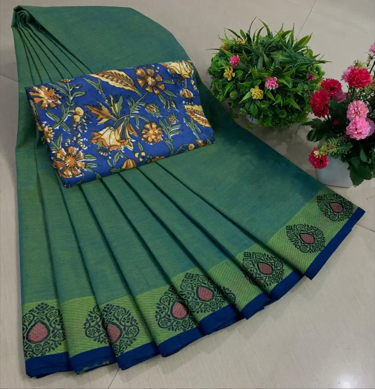 Dark Green Blue Contrast Border Floral Pure Cotton Saree